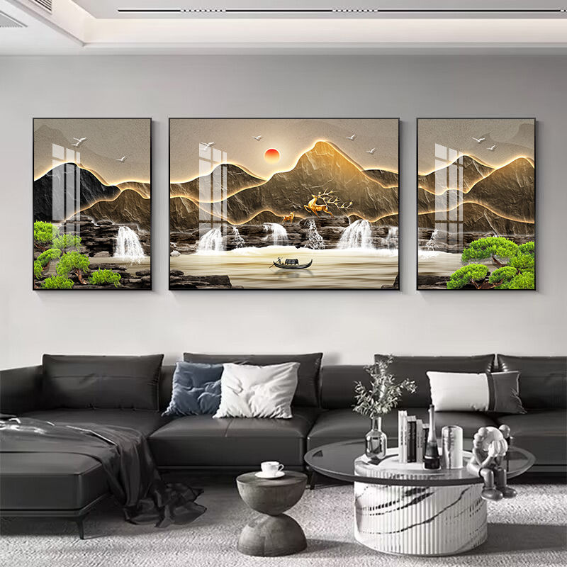 迎客松山水客厅装饰画简约现代沙发背景墙中式三联画壁画轻奢挂画