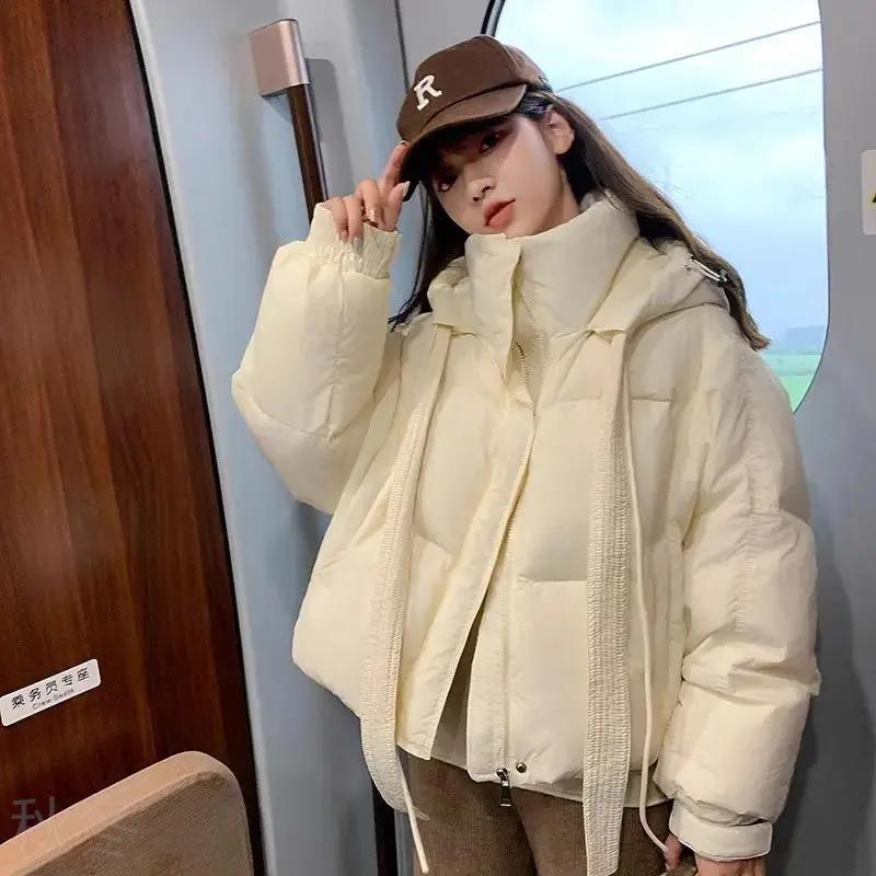 秋冬23新款米白色羽绒服服女秋冬季小个子宽松短款连帽加厚棉