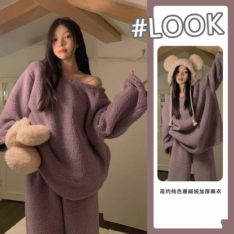 少女色珊瑚加厚冬季胖mm睡衣女新款宽松家居服ins风套装