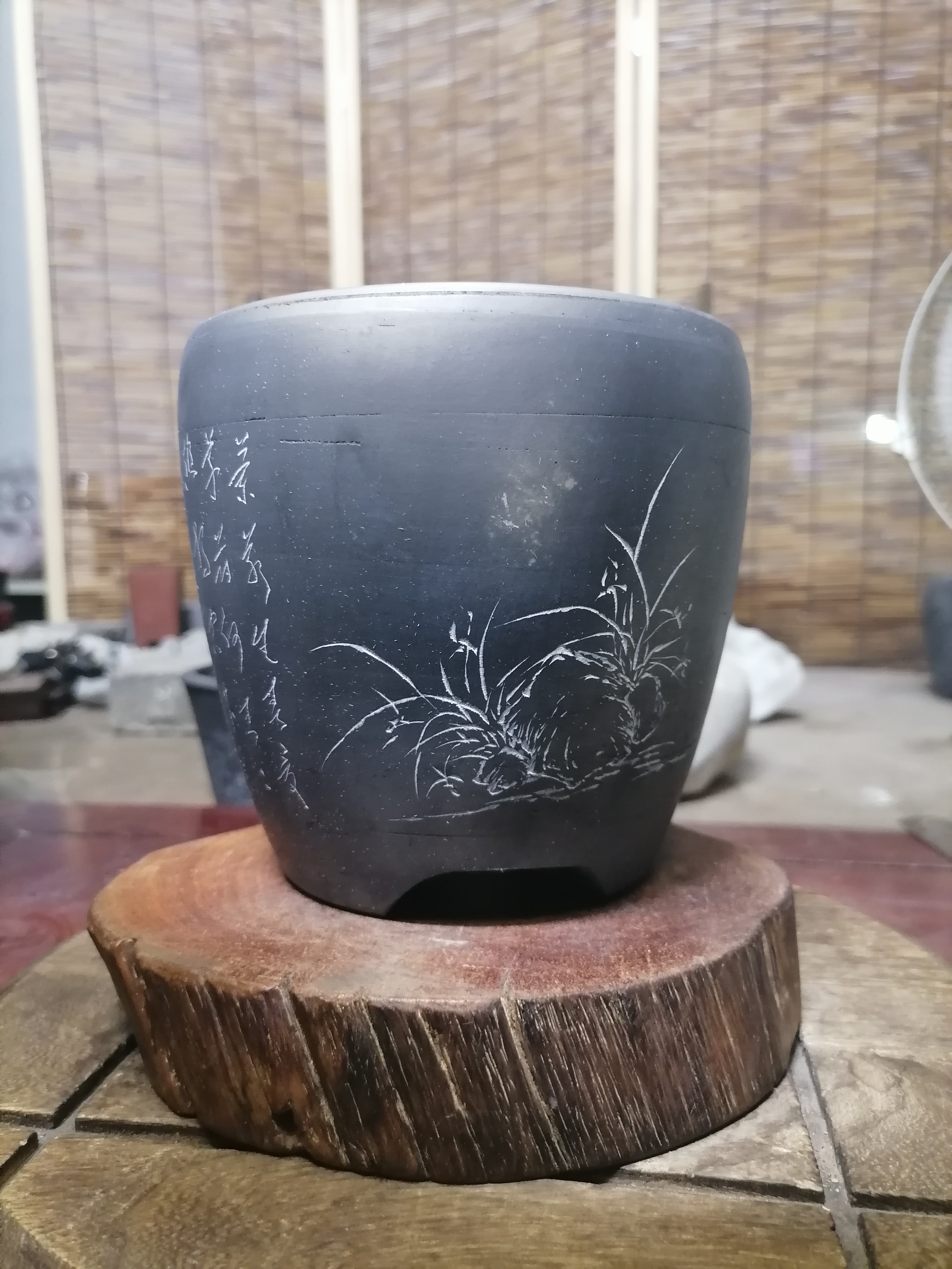 高13.5厘米口径13.5厘米黑陶瓦盆兰花盆手工镌刻直播展示为准