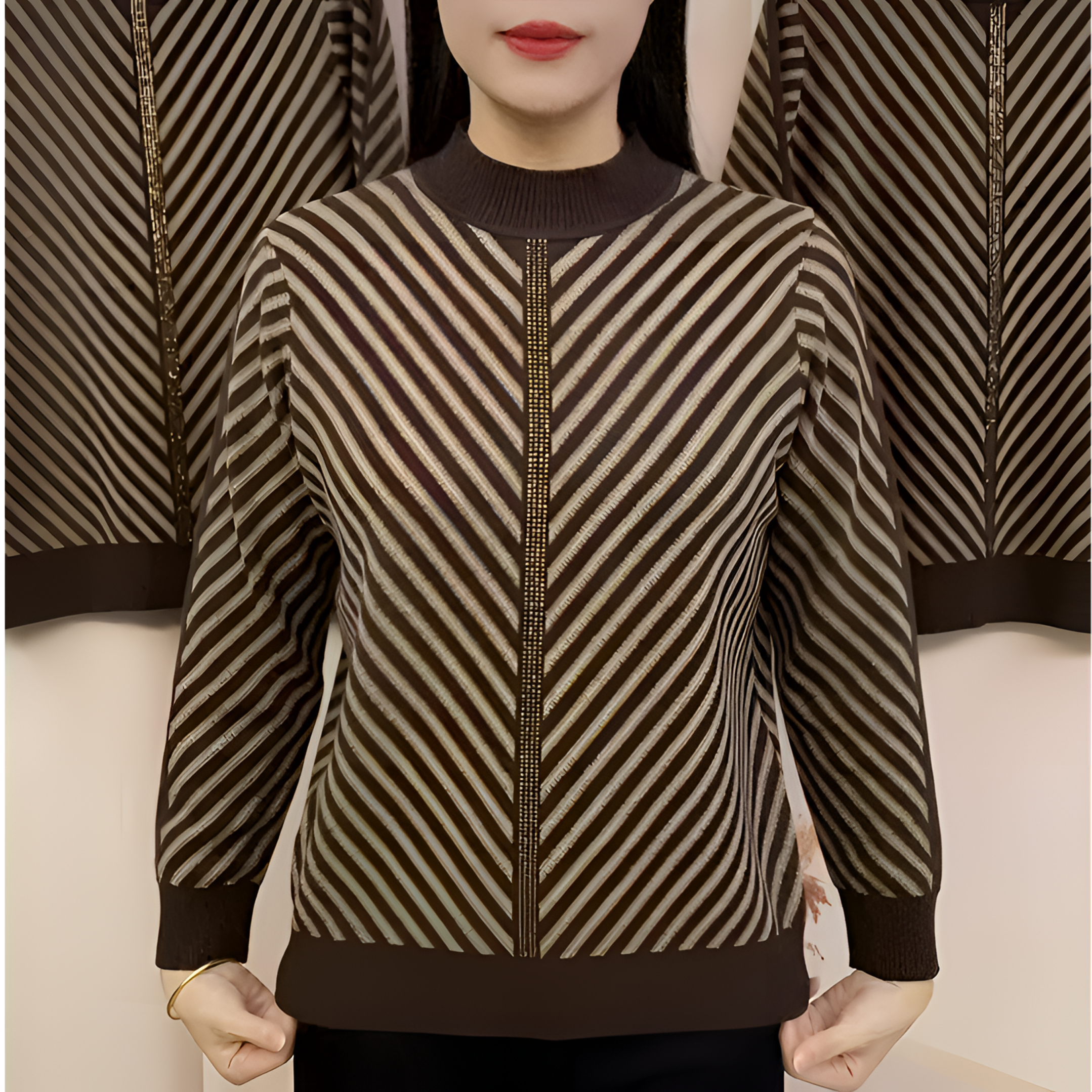 高档气质条纹烫钻圆领针织上衣女2025秋冬款中年妈妈加厚保暖毛衣