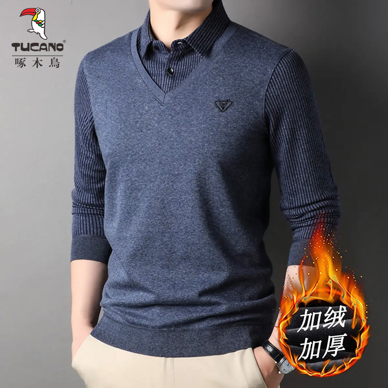 TUCANO/啄木鳥加绒加厚一体绒保暖高档休闲男士衬衫领长袖假两件