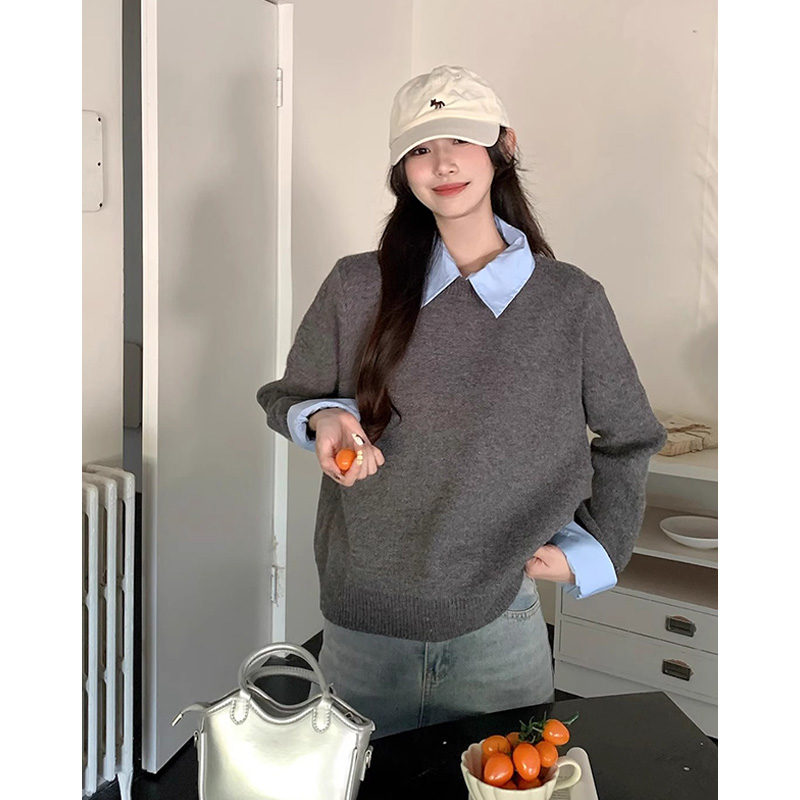 韩系设计感假两件毛衣女秋装针织打底新款慵懒撞色polo领时尚百搭