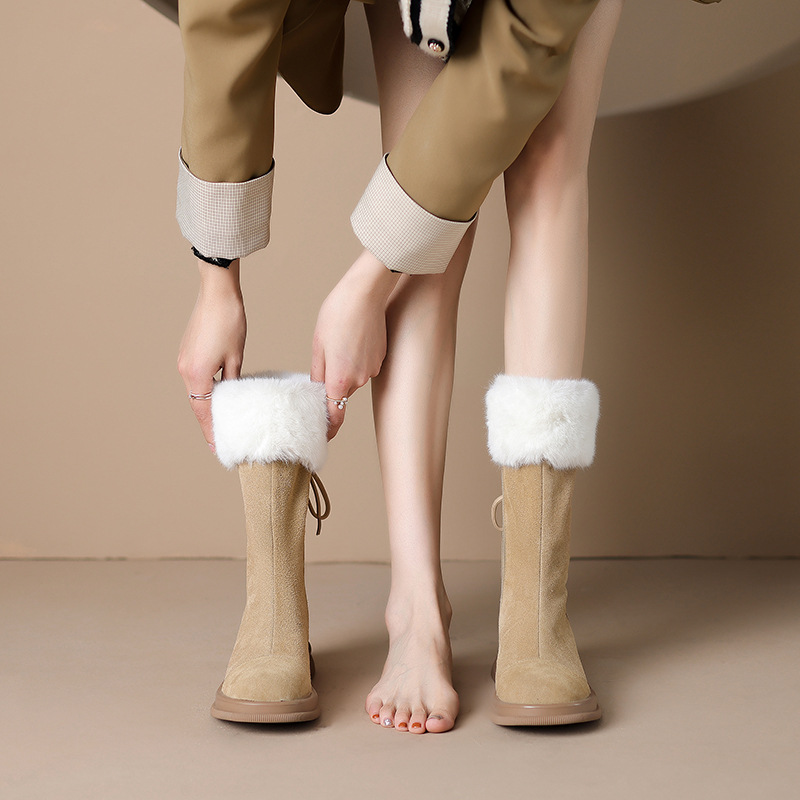 巨可爱~圆头侧拉链雪地靴女冬小个子厚底加绒短靴