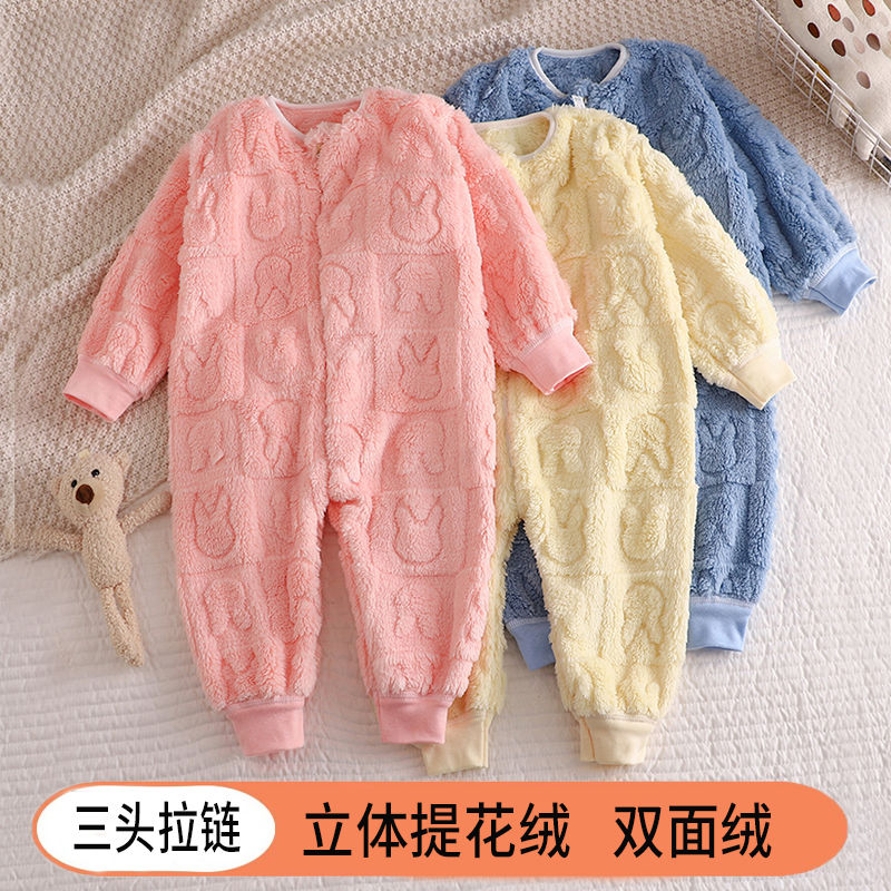 儿童宝宝连体衣加绒加厚男女童长爬服提花绒秋冬哈衣洋气睡衣加大