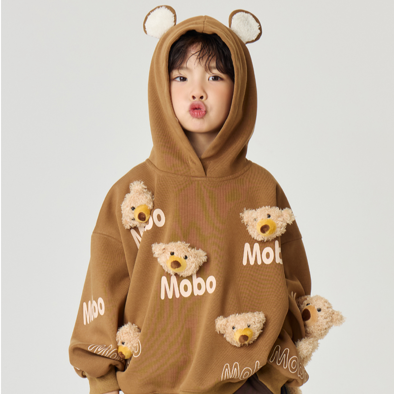 momobobi自制新款儿童卫衣韩版可爱立体小熊玩偶连帽加绒印花外套