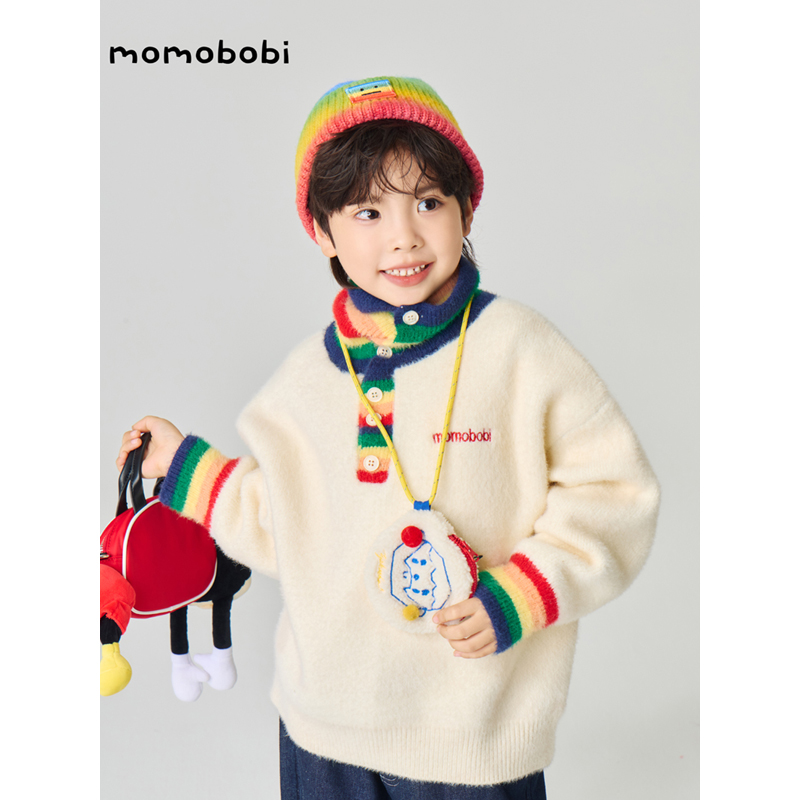 momobobi自制新款儿童毛衣韩版个性彩虹翻领气质高领毛茸茸针织衫