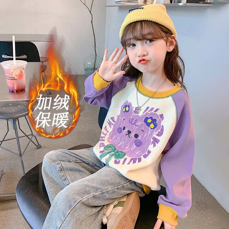 冬季保暖加绒一体绒卫衣宽松版女童洋气公主风卡通中大童长袖上衣