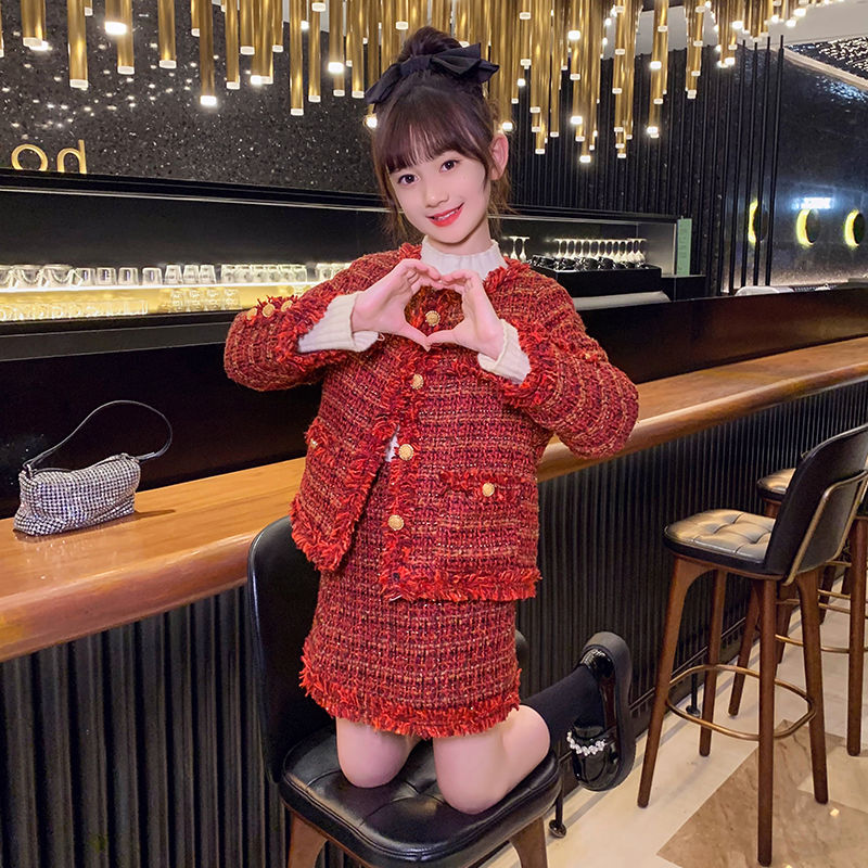 巴拉巴拉恩女童小香风裙子套装冬季2023新款洋气儿童秋冬红色过年