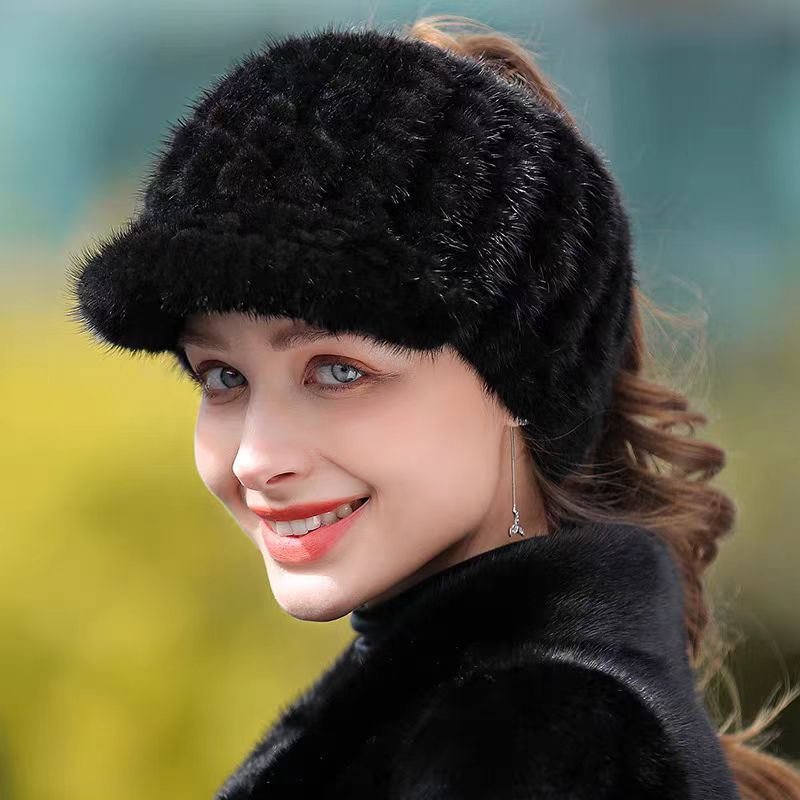 水貂毛空顶帽子新款保暖编织帽子女冬天帽休闲韩版貂皮鸭舌帽