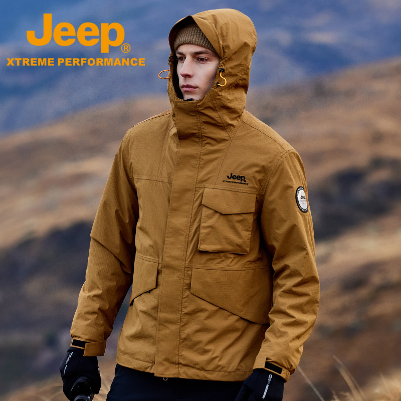 JEEP/吉普户外防水加厚加绒连帽保暖冲锋衣男士秋冬防寒防泼水