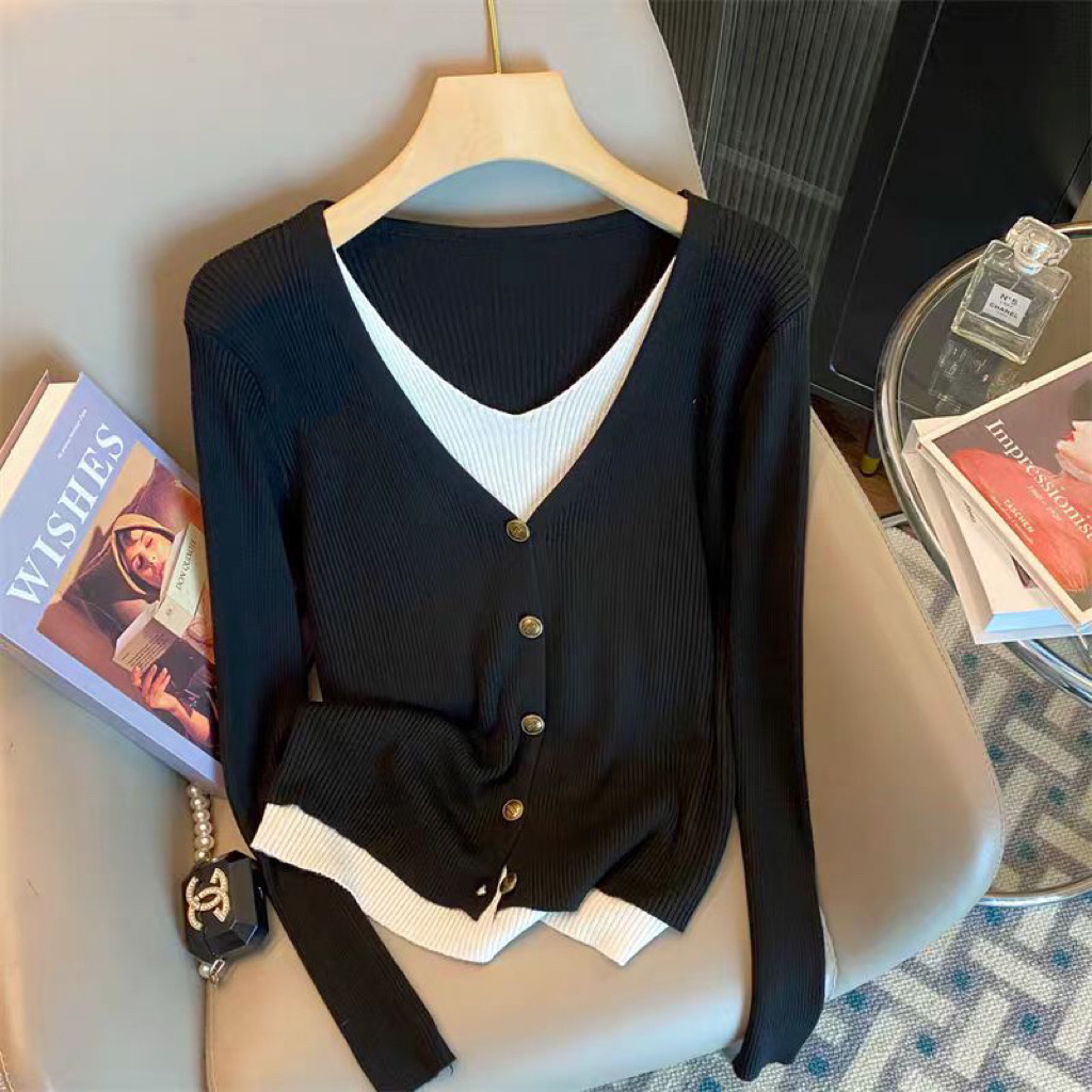 【80-180斤】韩版女装假两件针织开衫拼接时尚显瘦长袖针织衫303