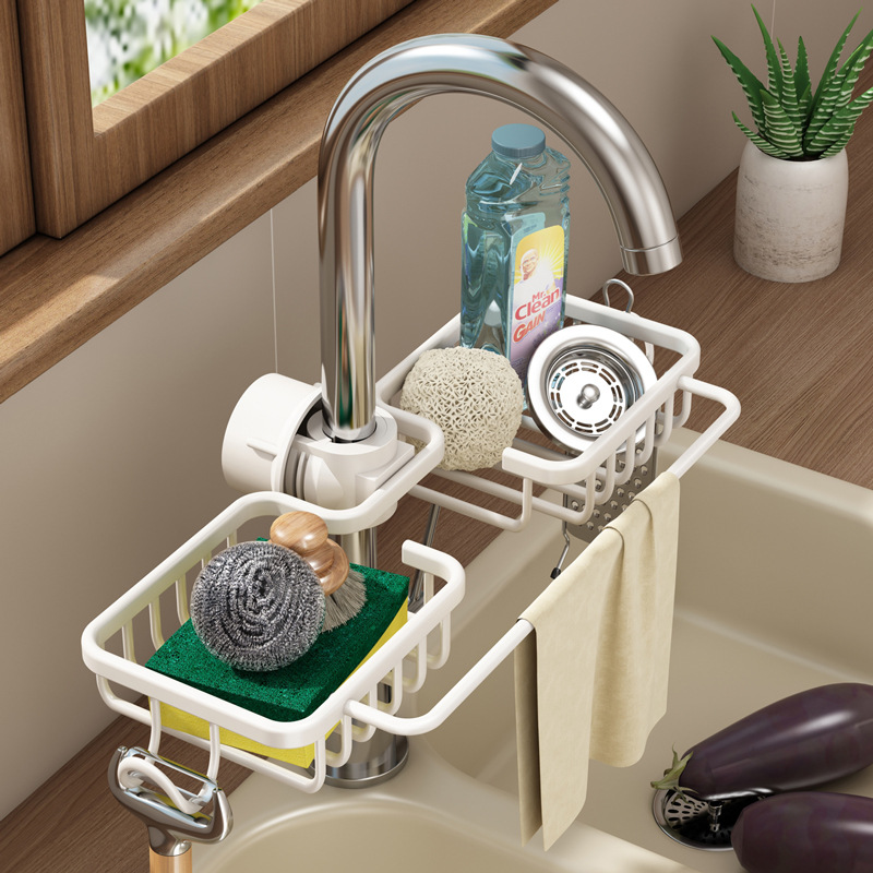 白色水龙头置物架太空铝水槽水池收纳沥水篮厨房挂件抹布架海绵架