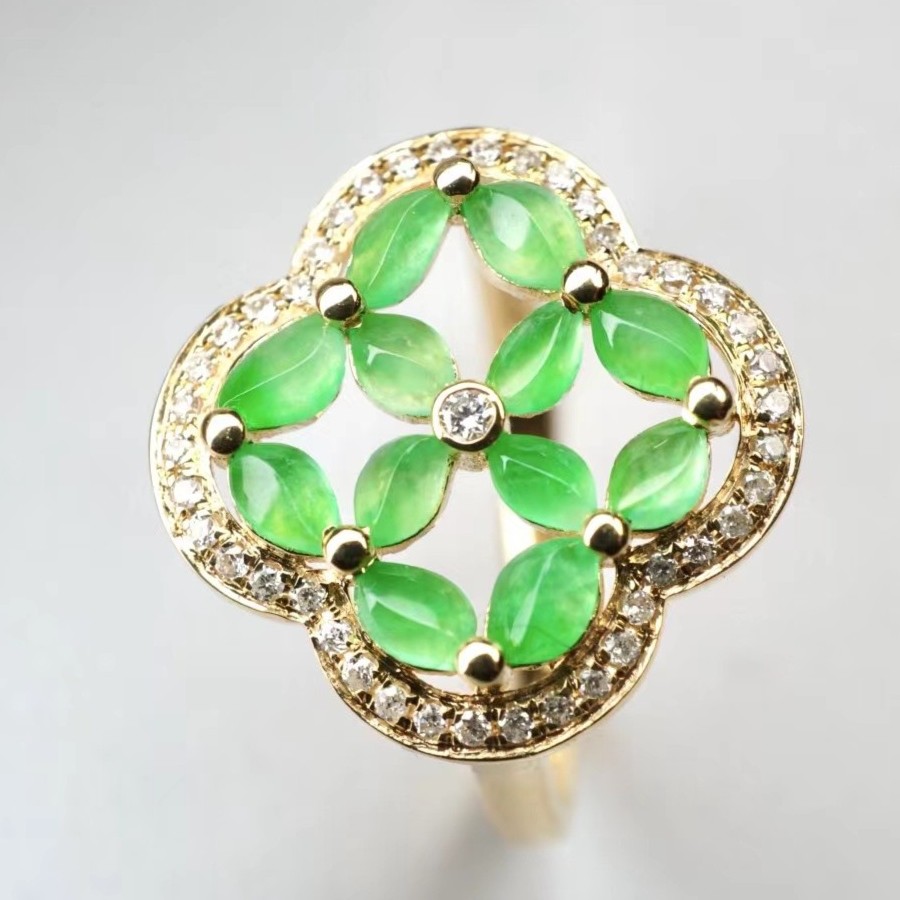 【鹿鹤】《海棠花窗》冰阳绿18k金真钻戒指春季穿搭配饰精致气质