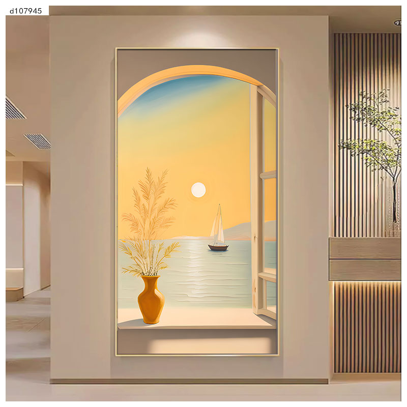 奶油玄关装饰画极简客厅海景入户走廊挂画高级背景墙落地过道壁画