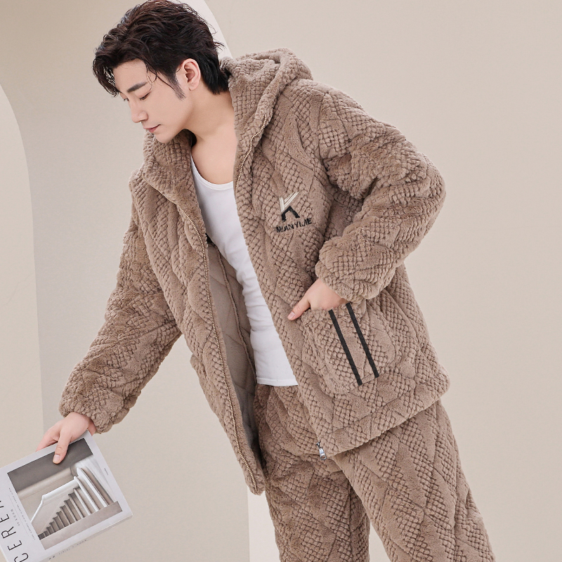 男士三层夹棉睡衣冬季加厚连帽款保暖可外穿珊瑚绒超厚家居服套装