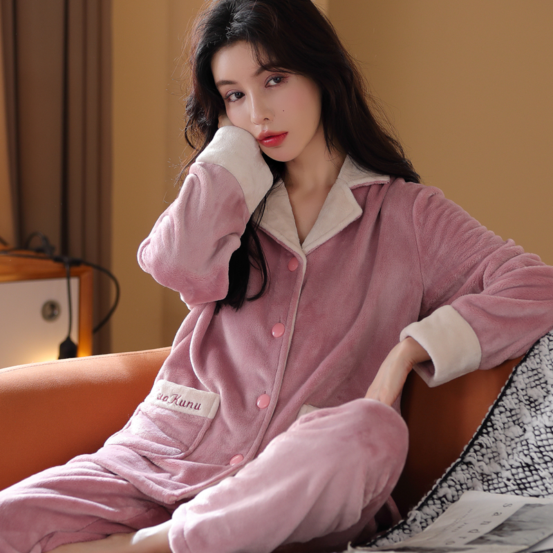 睡衣女秋冬款冬季珊瑚绒家居服法兰绒加厚款冬天大码加绒保暖套装