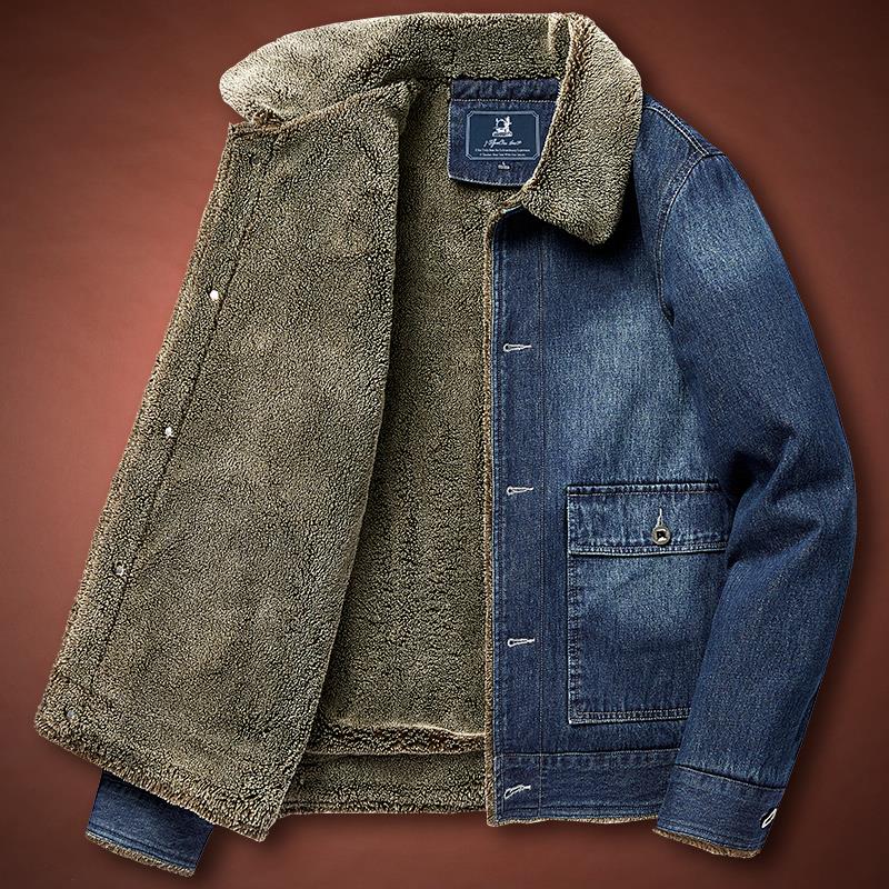 冬季男士羊羔绒牛仔棉衣加绒加厚棉袄大码宽松棉服时尚休闲男外l