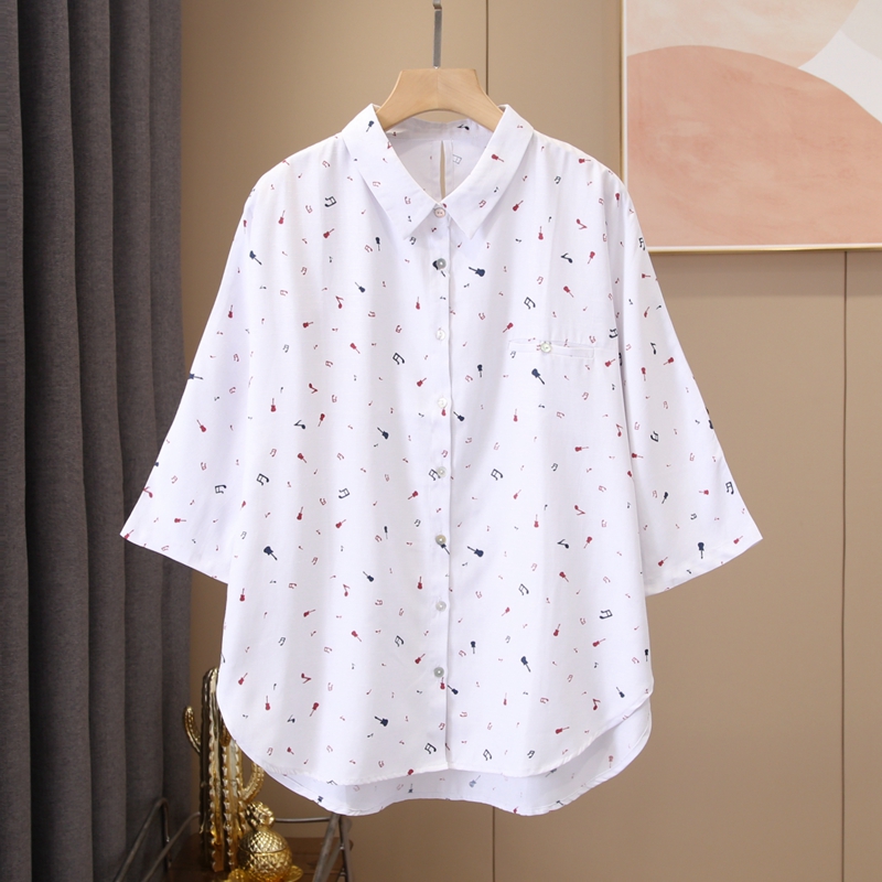 印花衬衣衬衫上衣中老年宽松休闲女士七分袖翻领妈妈装秋季衣服