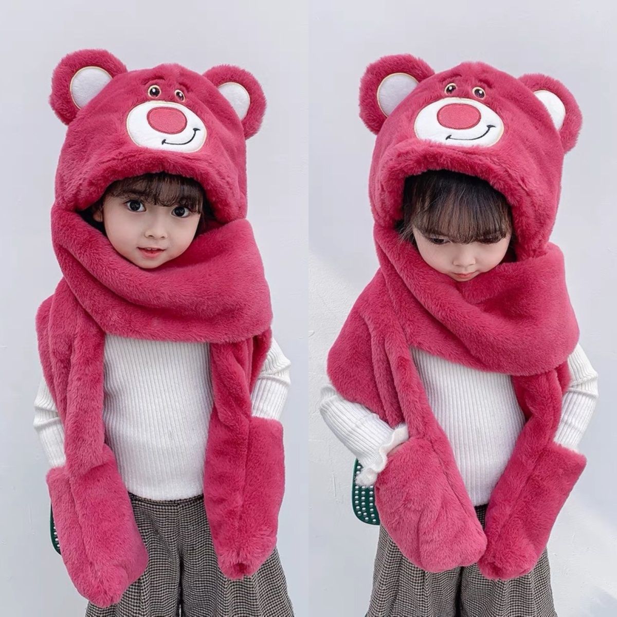 【冬季大促】儿童帽子围巾一体冬季女童卡通加绒三件套潮草莓熊帽