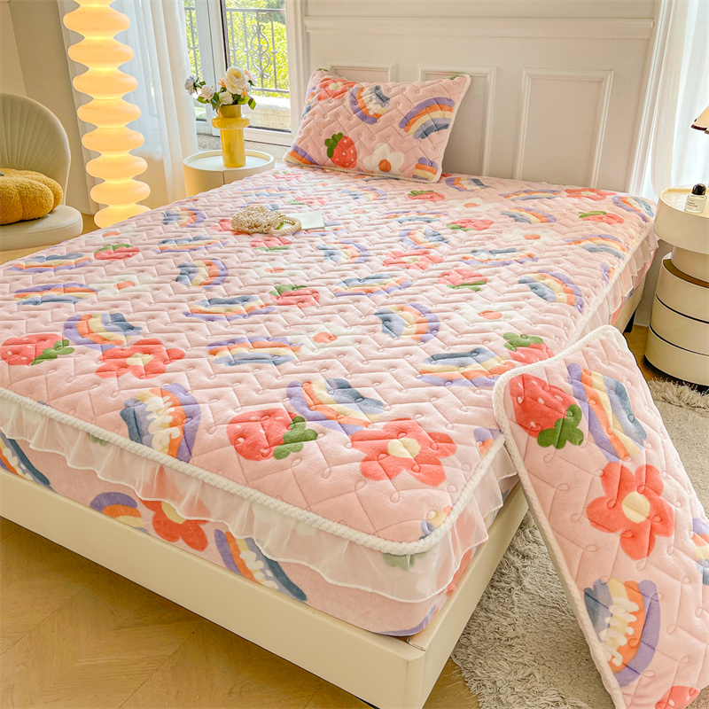 牛奶绒花边罩床单件珊瑚绒床罩三件套秋冬床单防滑全包床垫保护罩