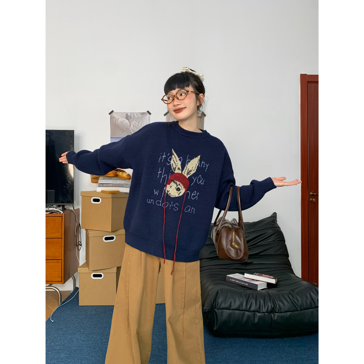 软萌卡通刺绣兔兔立体帽设计针织衫秋冬宽松休闲慵懒毛衣80252263