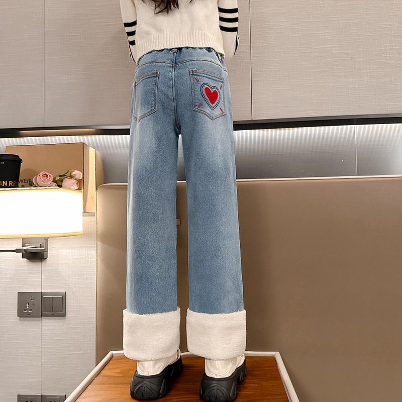 女童加绒牛仔裤加厚儿童秋冬烟管裤长裤子2023新款网红中大童衣服