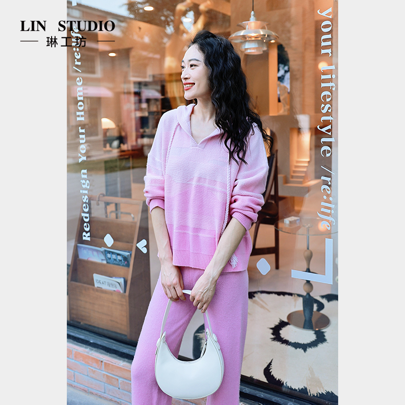 【山羊绒+绵羊毛】琳工坊且谣粉色连帽毛绒针织衫春款女唐琳设计师
