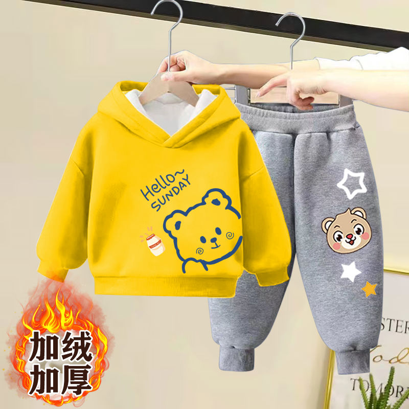 儿童秋冬装加绒加厚卫衣套装新款洋气男女童连帽衫宝宝运动两件套