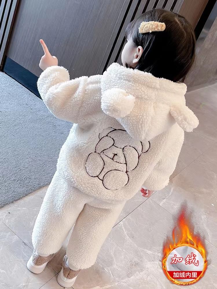 女童冬季套装2023新款洋气羊羔绒加绒加厚毛毛衣宝宝冬季保暖衣服
