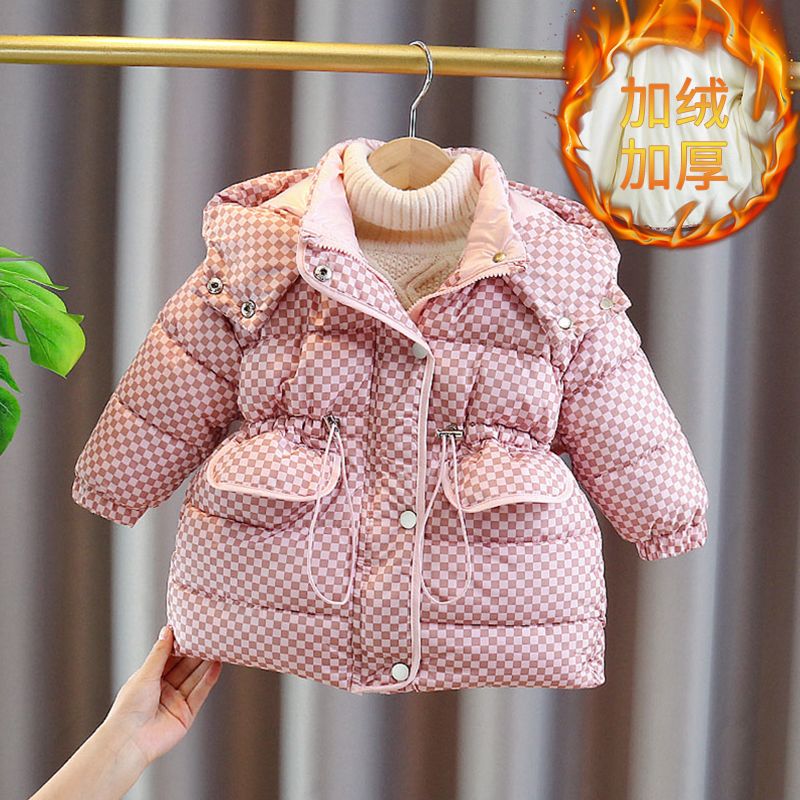 保暖棉服秋冬2023新款收腰洋气儿童棉袄中长款童装连帽宝外套冬季
