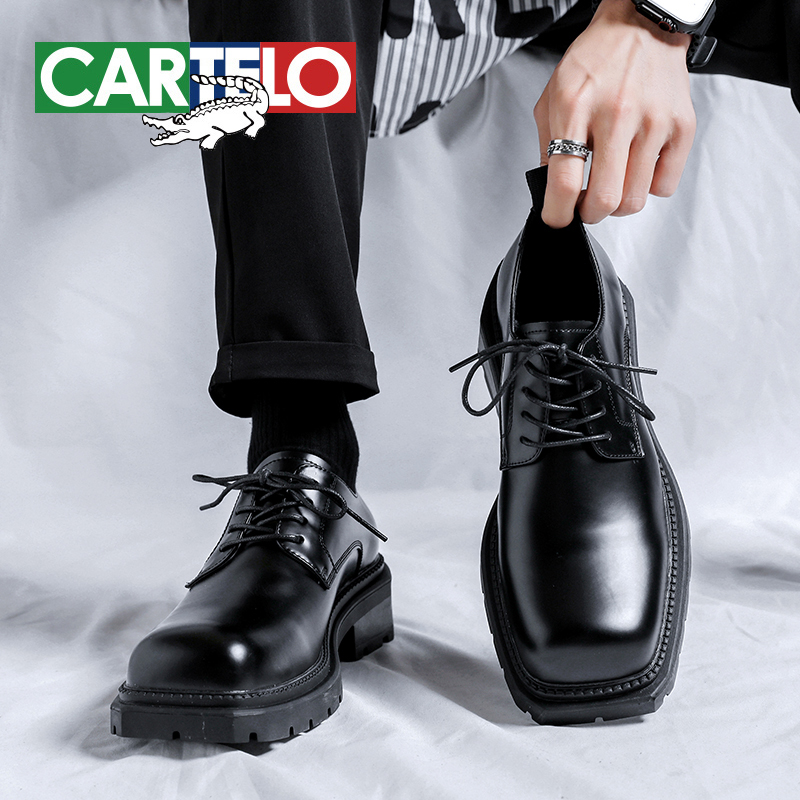 CARTELO/卡帝乐鳄鱼方头皮鞋男高级感厚底韩版小众设计黑色德比鞋