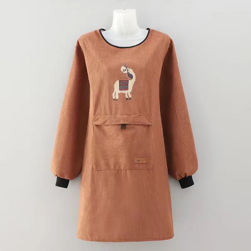 秋冬新款玉米粒灯芯绒防水防油罩衣拉链大口袋卡通可爱围裙工作服