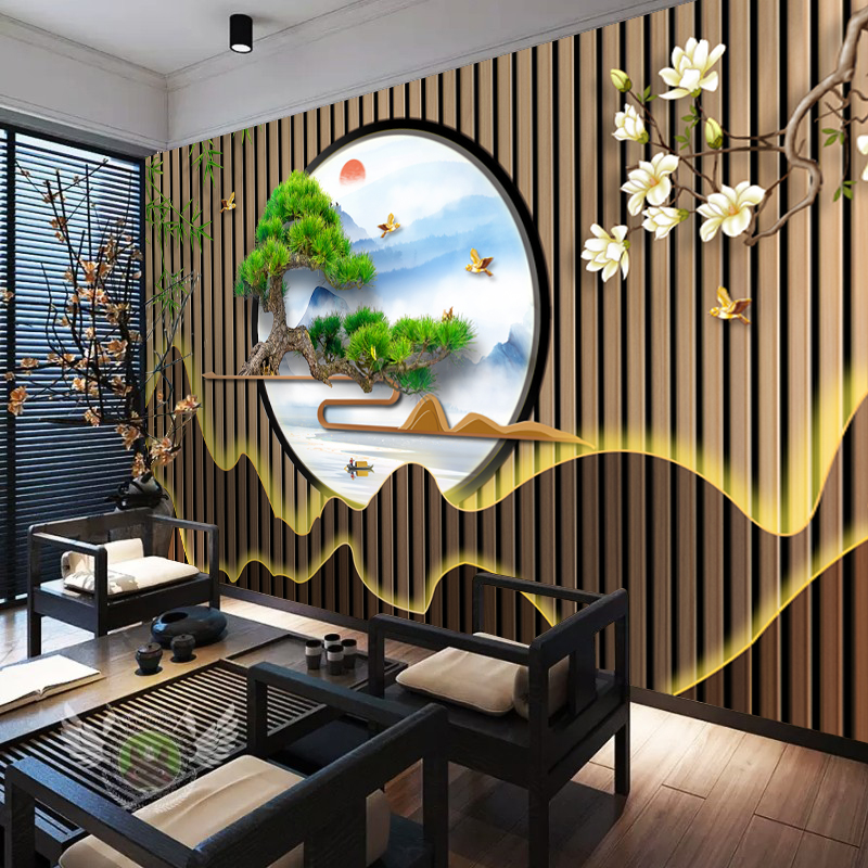 新中式禅意条纹迎客松墙纸壁画茶室采耳养生馆电视背景墙壁纸墙布
