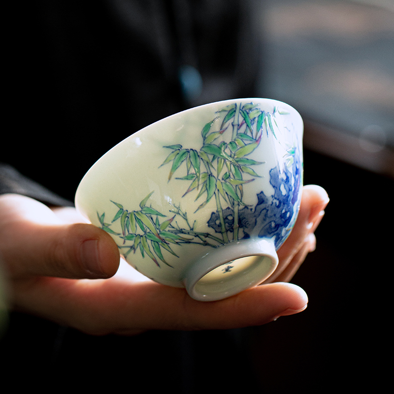 一思堂景德镇手绘手工家用陶瓷柴窑青花斗彩竹石主人杯中式纯手工