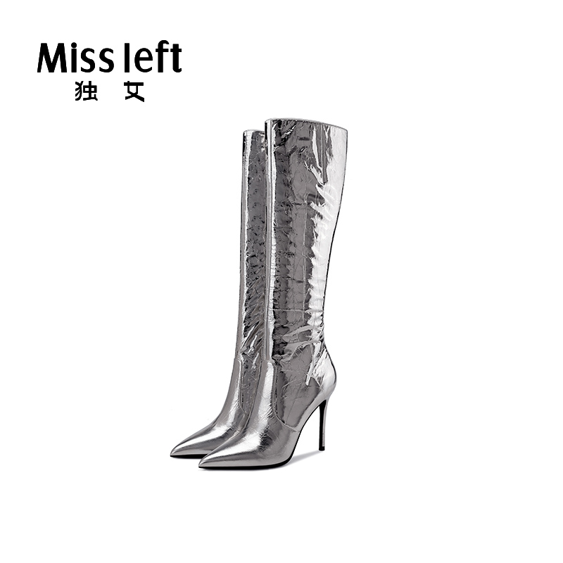 独女2025秋冬新款时尚长筒靴枪色高跟靴子牛皮金属尖头细跟长靴女