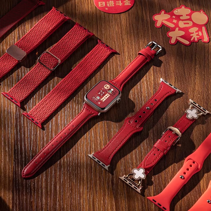适用iwatch8表带新年红色applewatch9苹果S9手表S8女款S7尼龙S6