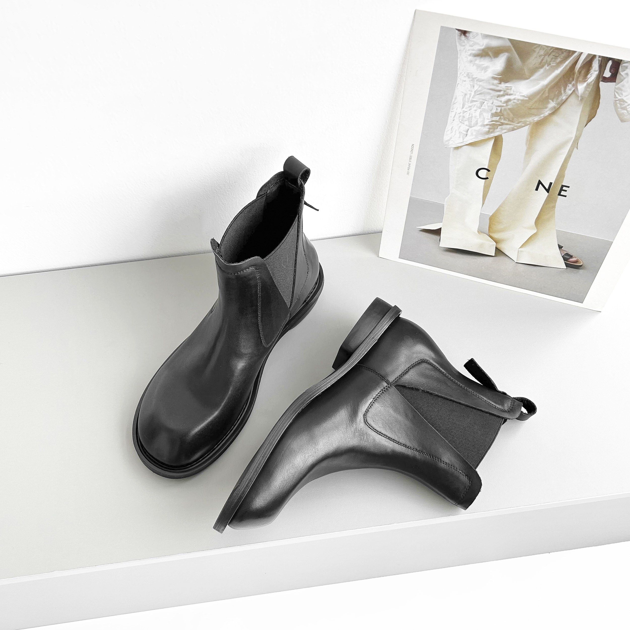 1520/3cm牛皮短筒切尔西靴女秋冬百搭短靴平跟马丁靴黑色