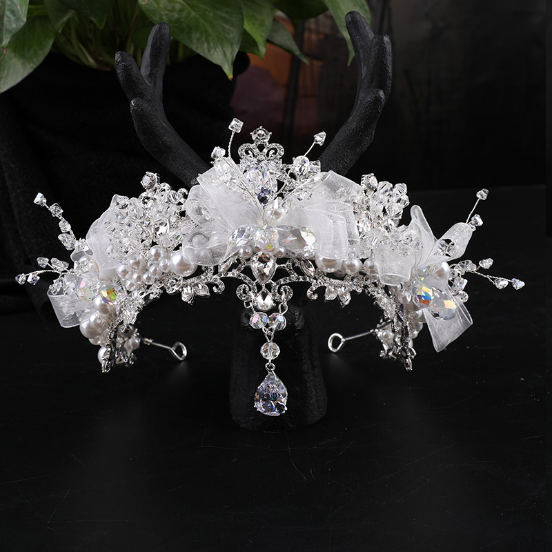 合金仿水晶婚庆饰品 00642新娘婚纱头饰手工蝴蝶结串珠水晶王冠