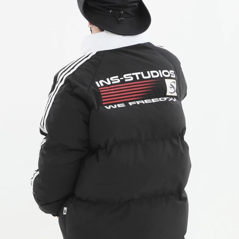 新款美式高街条纹旗帜棉衣男女冬季国潮宽松加厚保暖面包服外套