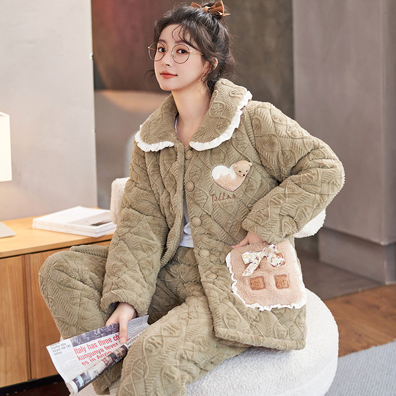 珊瑚绒睡衣女冬季三层夹棉袄秋冬款加厚加绒冬天保暖家居服8827#
