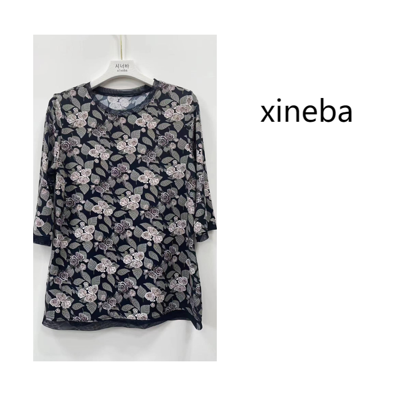 【xineba韩国鞋】2024新款女士花纹短袖休闲百搭舒适印花洋气圆领