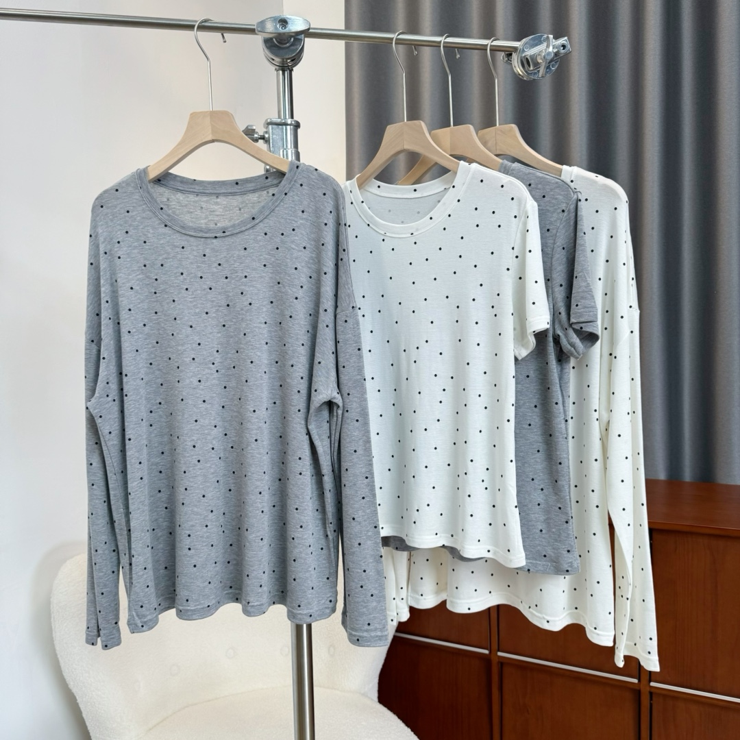 【若若美】X-1731女士通勤圆点宽松长袖T恤透气天丝羊毛百搭舒适长T