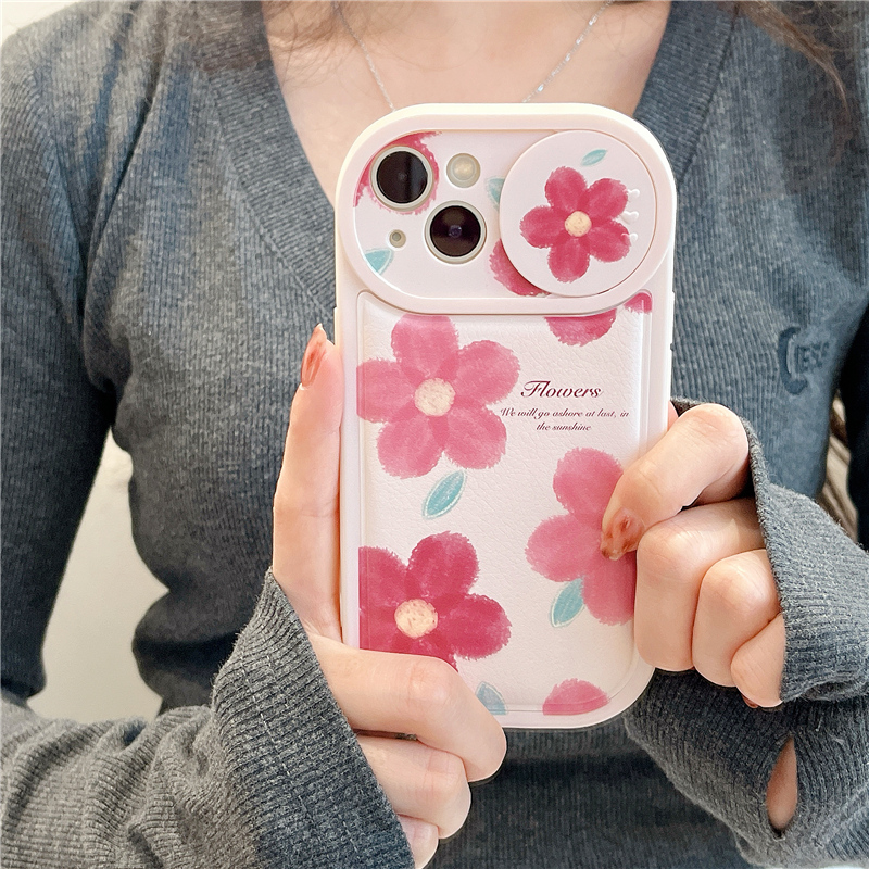 适用苹果14手机壳iphone13promax涂鸦英文小花推窗11推拉镜头12网