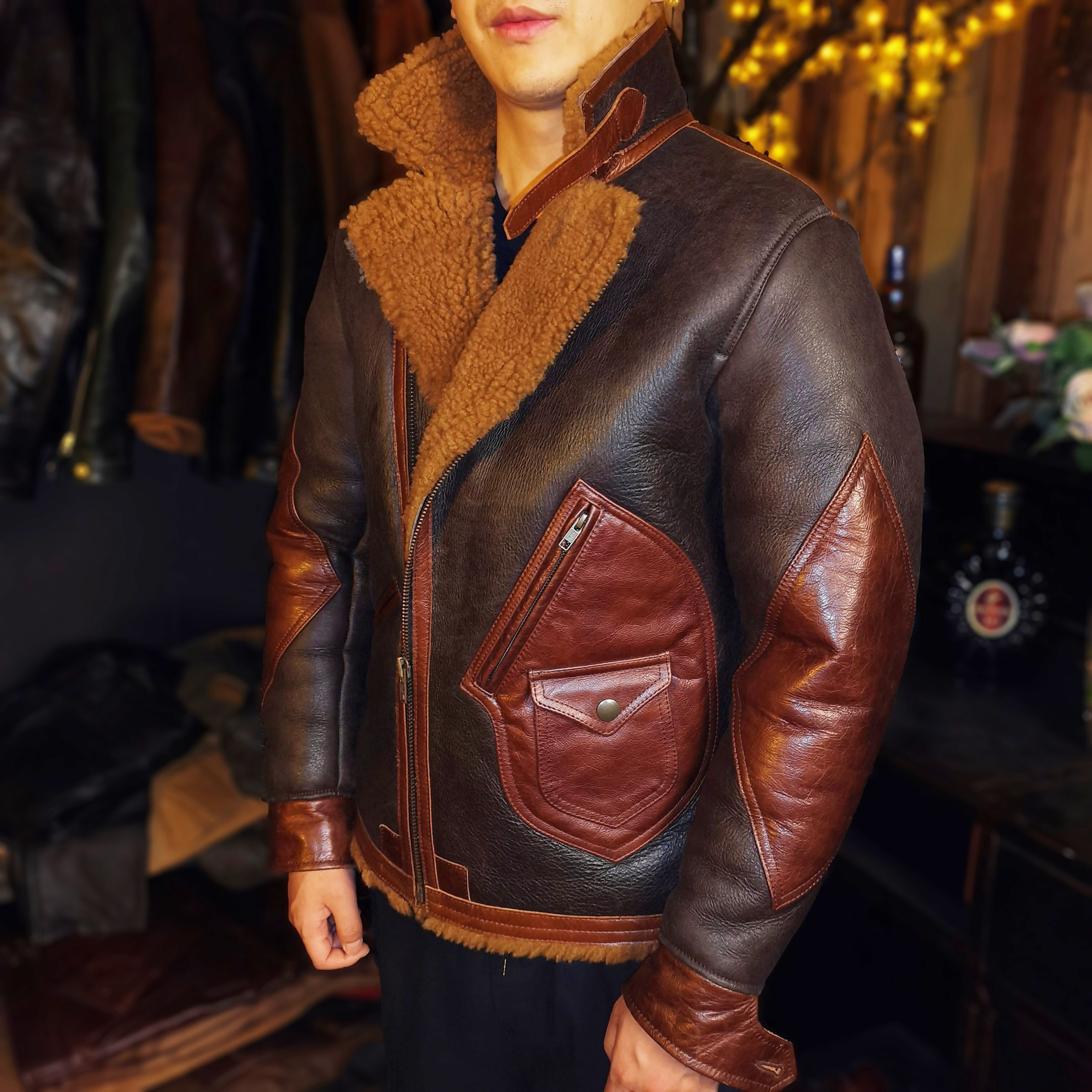 原生态羊皮一体真皮真毛男士冬装加厚保暖斜拉链皮夹克时尚外套