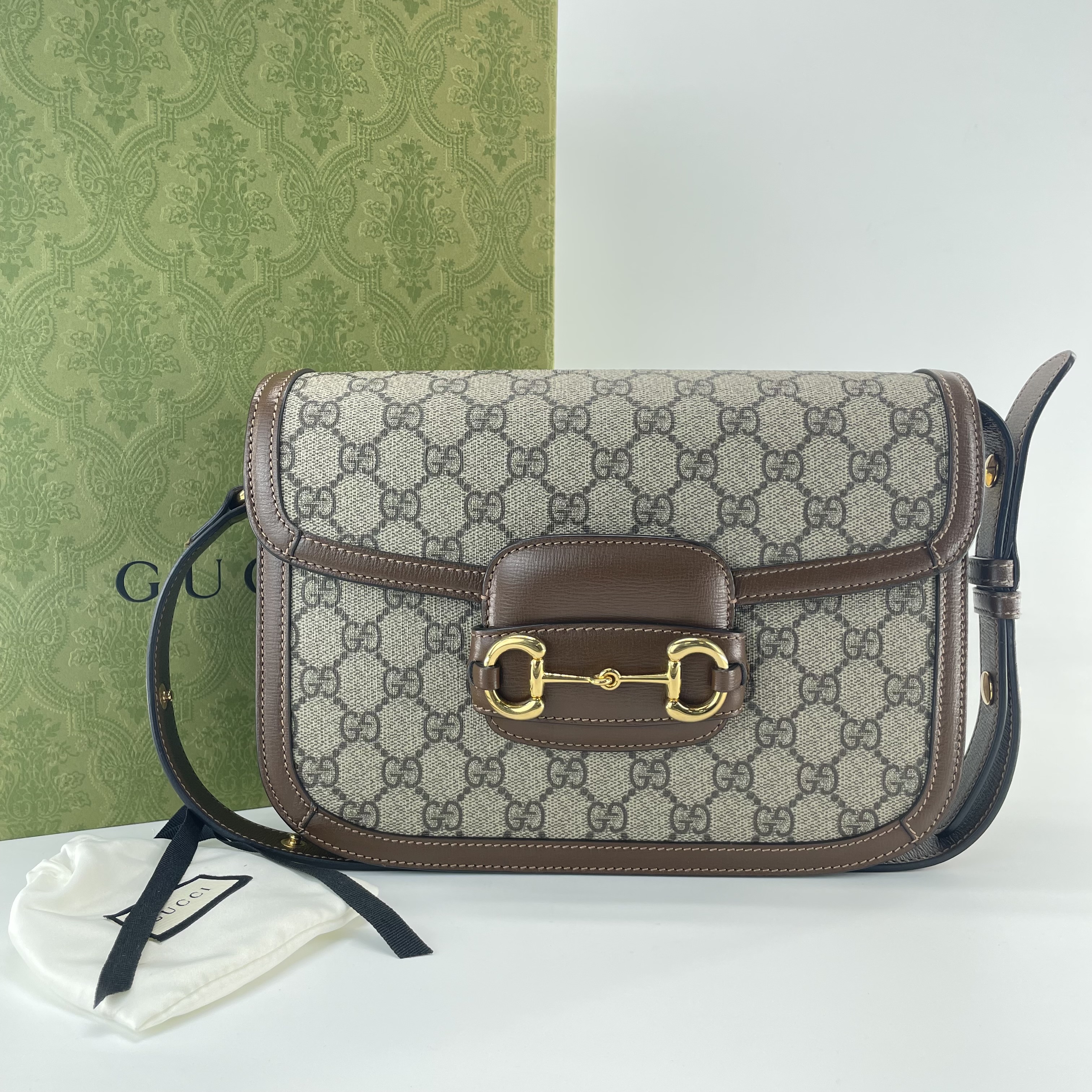 99新 GUCCI/古驰 马衔扣1955系列中号棕色老花 单肩斜挎包       