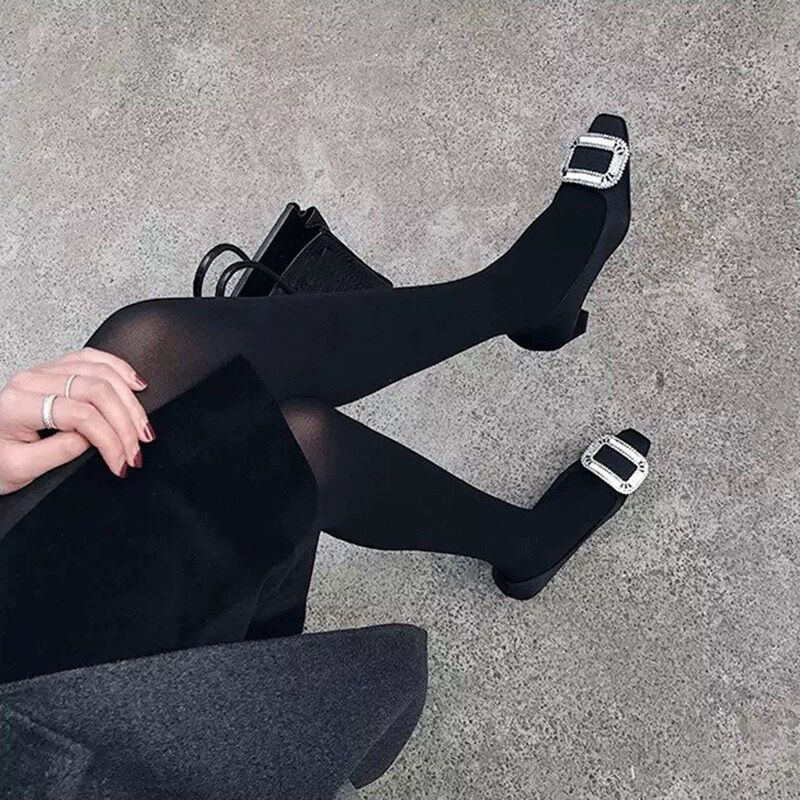 春季浅口单鞋黑色绸缎方扣水钻粗跟中跟瓢鞋子平跟平底高跟鞋女鞋