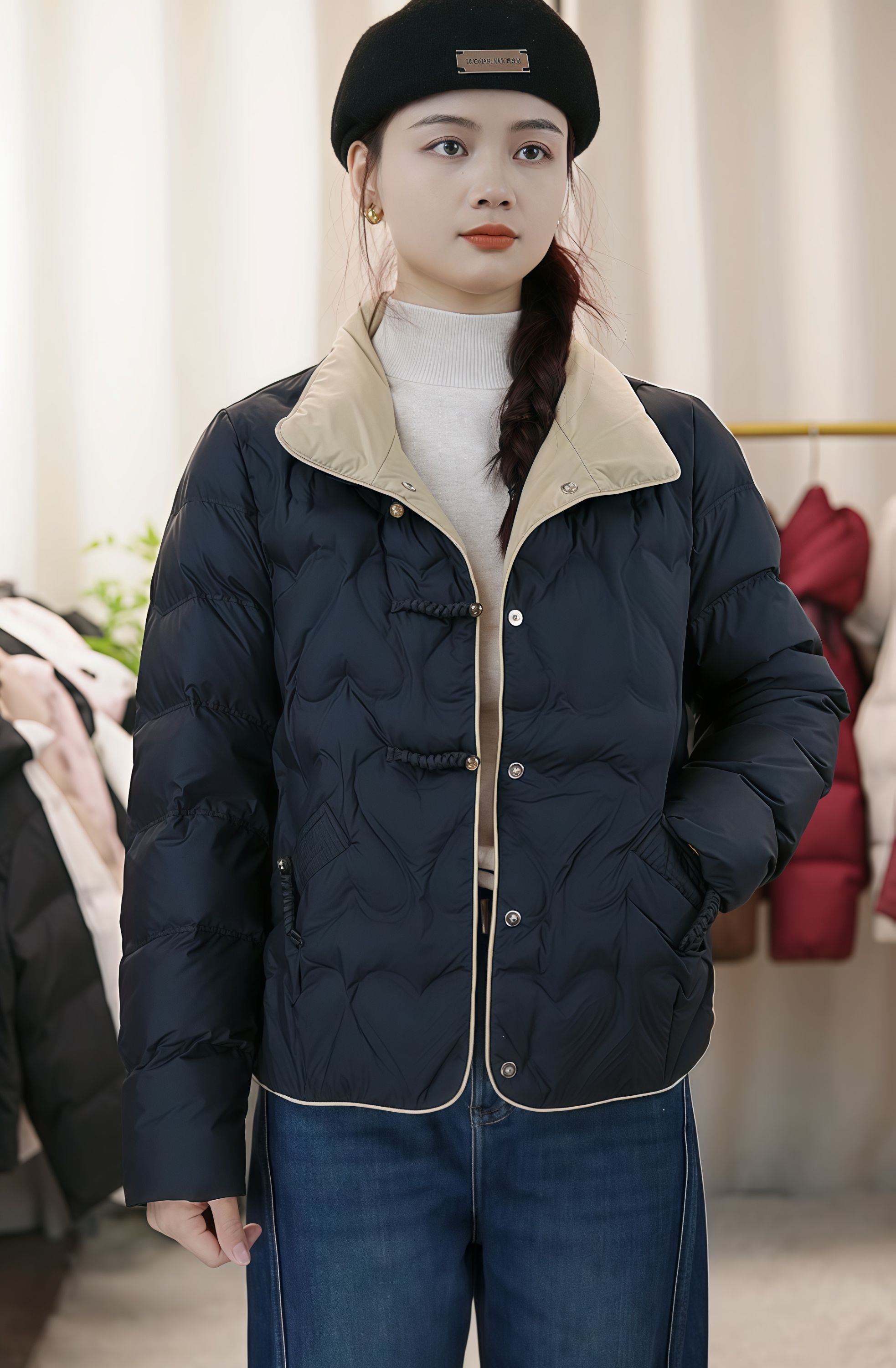 新中式羽绒服宽松立领女拼色加厚百搭秋冬冬季轻薄女装上衣冬装
