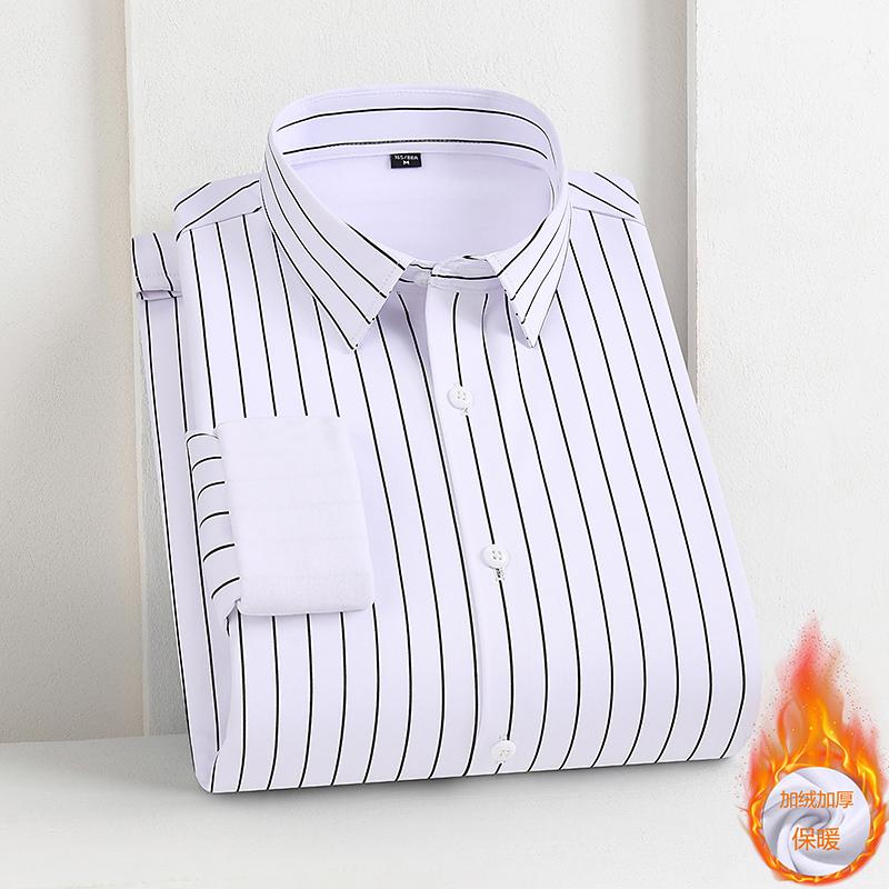 2024加绒加厚衬衫男士商务休闲韩版修身青年保暖百搭条纹长袖衬衣