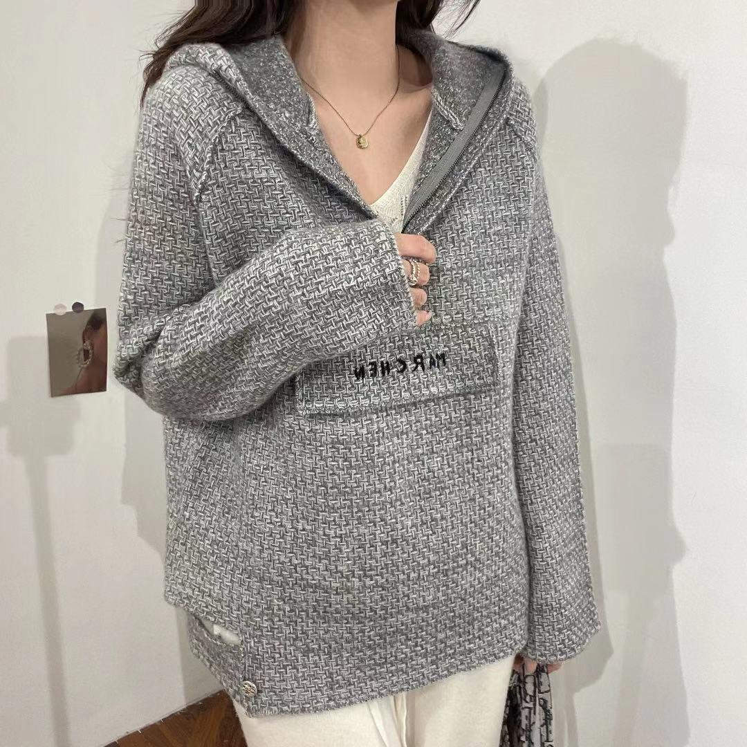 【杰娜洋秋冬新款】220423高端定制粗花呢针羊绒连帽衫上衣